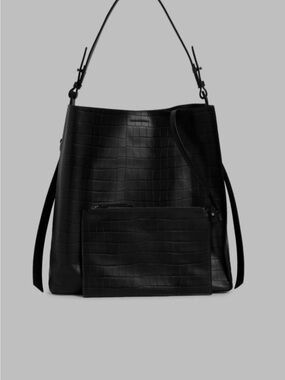 All Saints Black Croc-Embossed North South Shoulder Bag with Removable Pouch